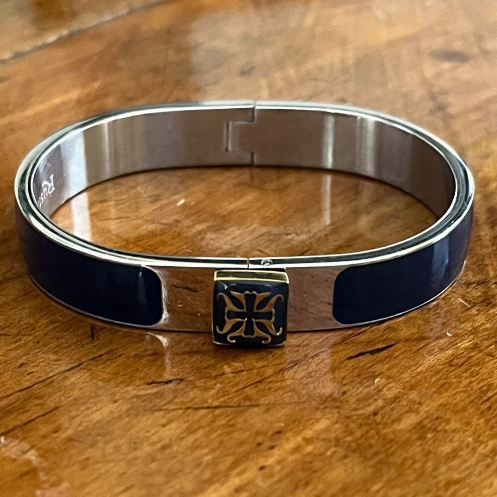 Rustic Cuff Stainless and Enamel Hinged Bangle Logo Bracelet